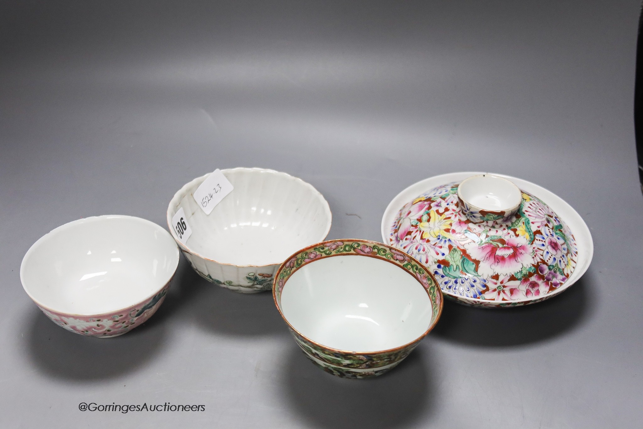 Four Chinese famille rose porcelain bowls, one with cover, diameter 16cm